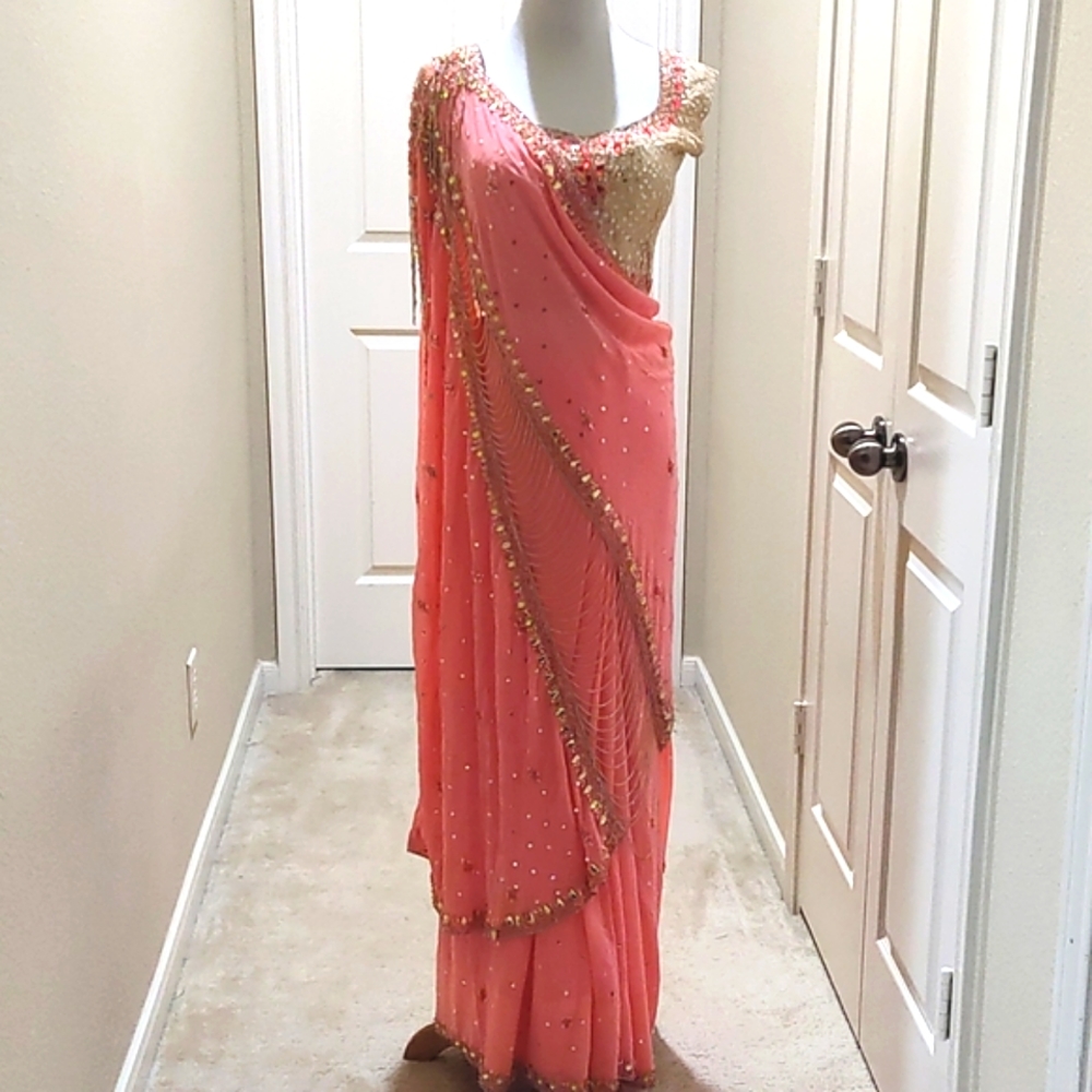 Stunning Coral Pink Designer Beaded Pallu Saree embellished XS/S FINAL PRICE